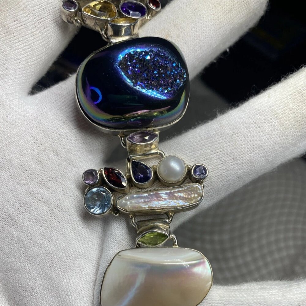 Handmade Sterling Silver 925 Druzy Multi Gemstone Bracelet 8” 60.9g